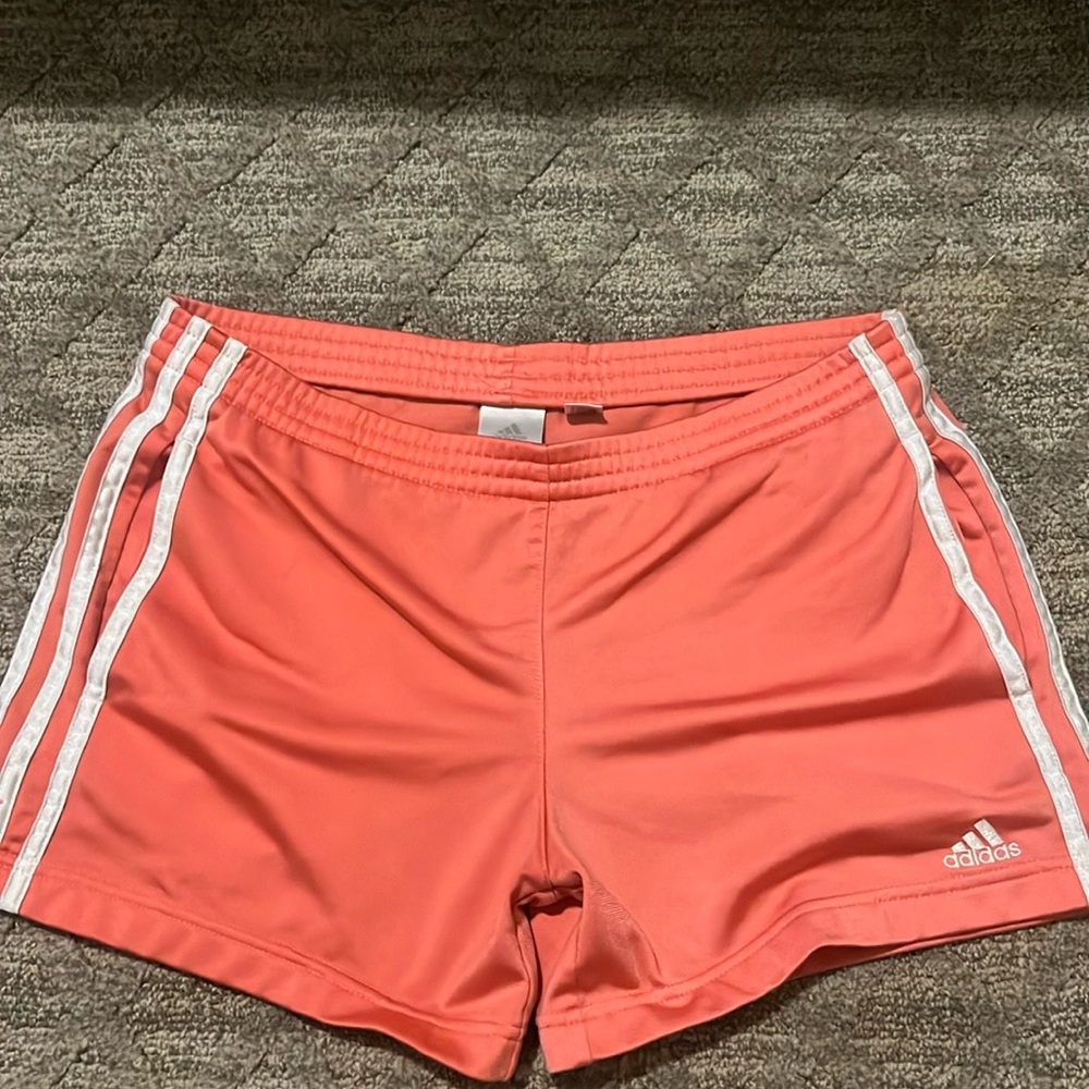 Adidas shorts, size US XS, peach/coral w/ white stripes, pockets on each side!